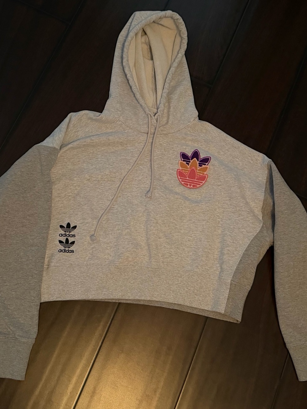 adidas Light Gray Cropped Hoodie with Multicolor Trefoil Patch